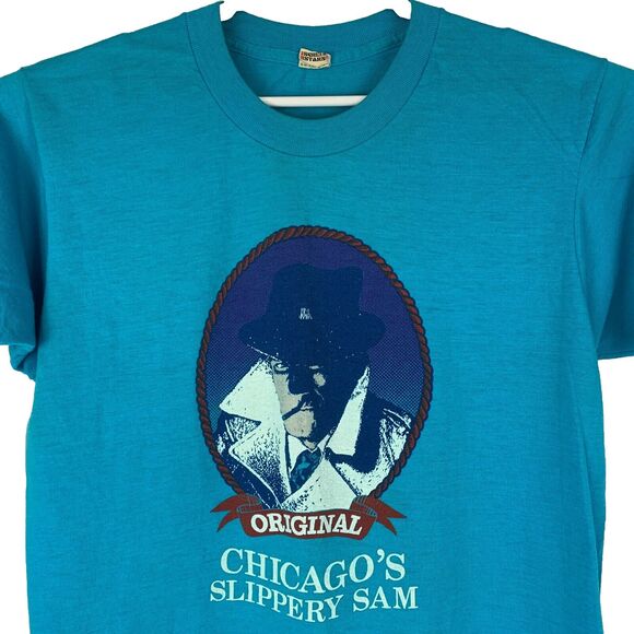 Vintage Chicago Slippery Sam T Shirt Mens Medium Made In USA 80s Tee Blue - Picture 1 of 6